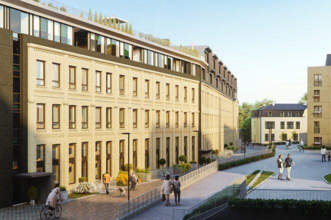 rendering of people walking on paths outside historic apartment building