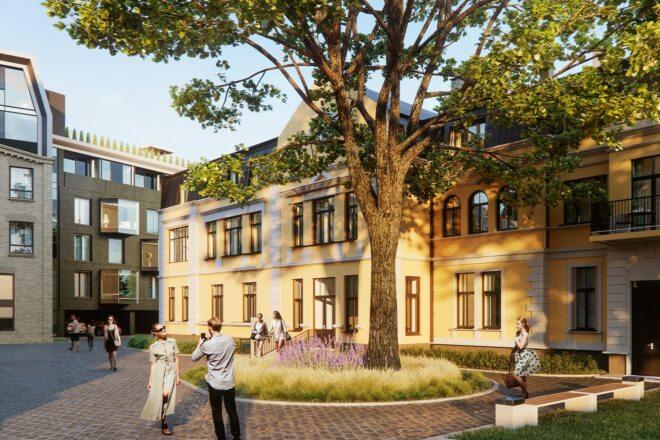 rendering of tree and garden near historic apartment buildings