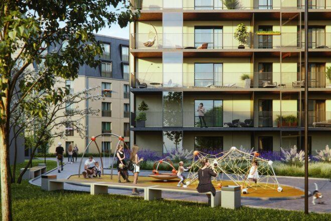 rendering of playground near apartment building with balconies