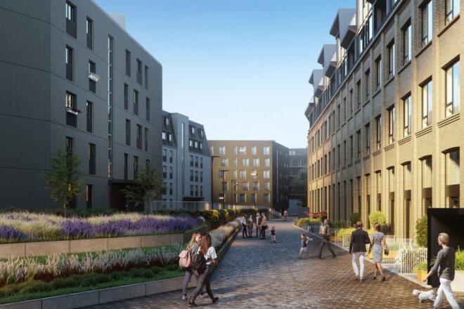 rendering of people walking on path between brick buildings