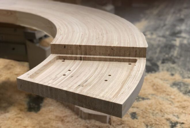 A modular piece of the wood Circula bench.