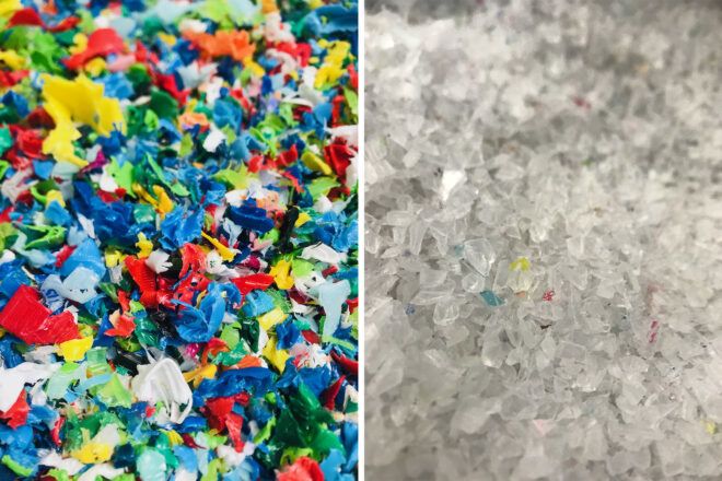Two images: to the left, multicolored plastic pieces. To the right, clear plastic pieces.
