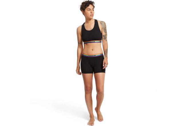 A person in a black sports bra and boxers.