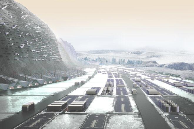 A cold, mountainous landscape with various geometric structures places around dark lanes.