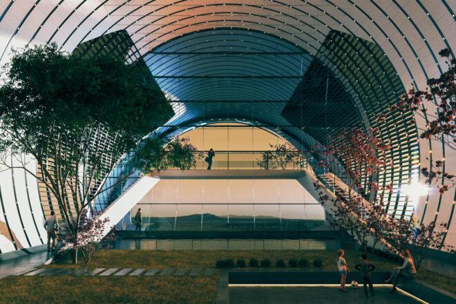 A room full of plants and people, with a large circular opening looking outside.