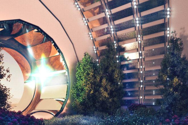 To the left, a circular opening letting light into a room full of plants.