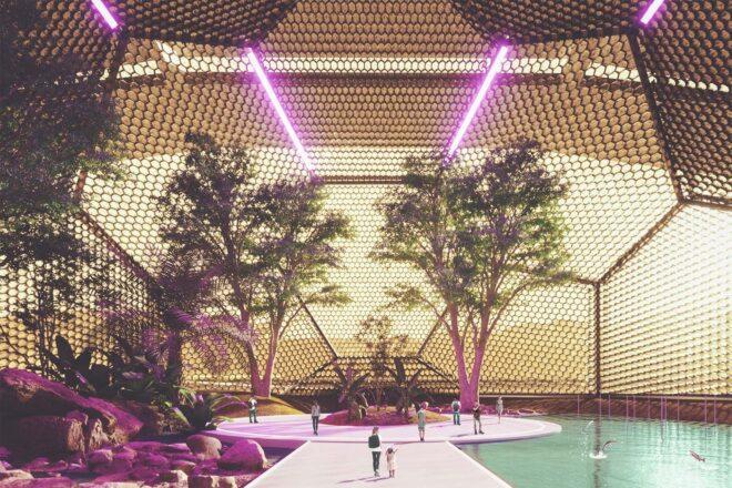 A room filled with trees and water, with people milling around inside.