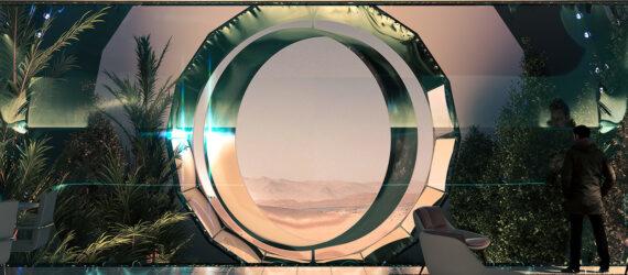 A computer room with a circular structure looking outside.
