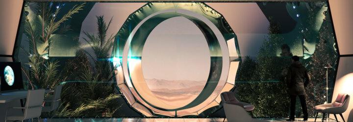 A computer room with a circular structure looking outside.