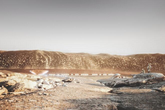 Two astronauts gazing upon a mountainous landscape that glitters with lights.