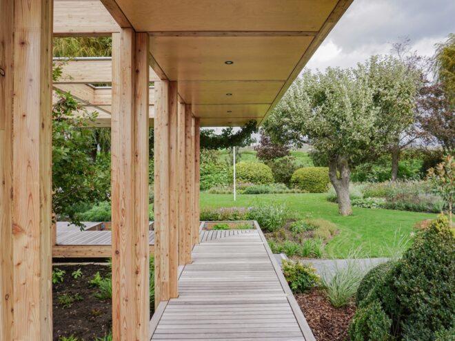 plants and narrow path next to wood and glass home