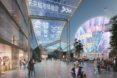 rendering of digital screens above a walkway and on buildings
