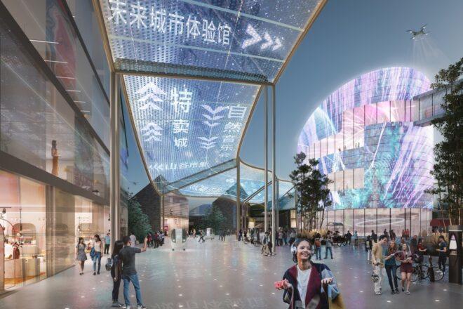 rendering of digital screens above a walkway and on buildings