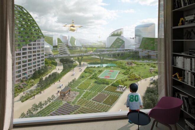 rendering of child looking out glass wall to farmland below
