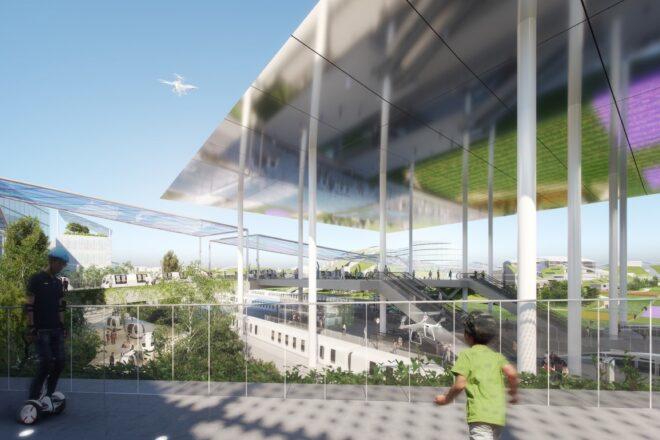 rendering of people on elevated walkway