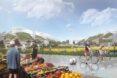 rendering of people on bike path passing a farmers market