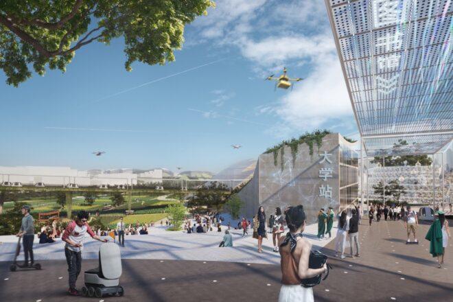 rendering of people walking in a park