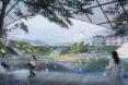 people on elevated patio overlooking farmland