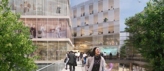 rendering of people walking on pathway between buildings