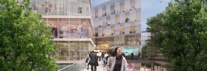 rendering of people walking on pathway between buildings