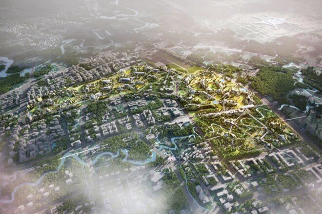 aerial rendering of lush green spaces throughout a city