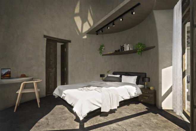 large bed in gray room