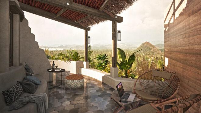 wicker chairs on covered patio
