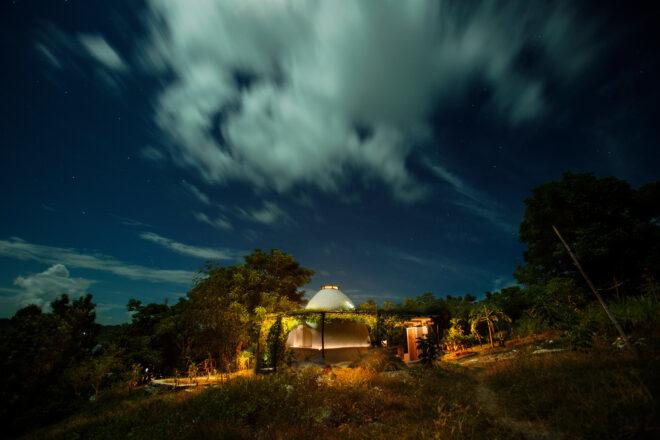 dome homes lit up at night