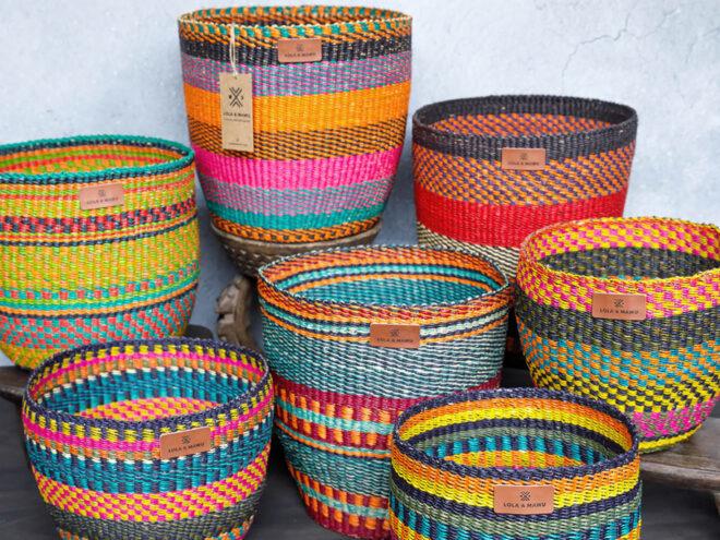 Various multicolored baskets.