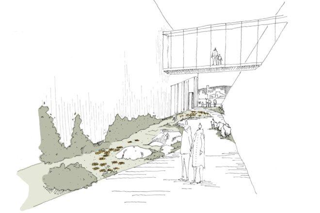 sketch of people walking on path below elevated, glass-enclosed walkway