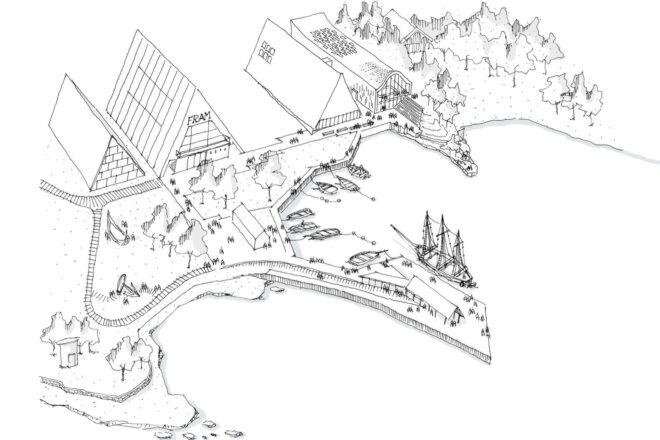 aerial sketch of museum buildings across forested landscape