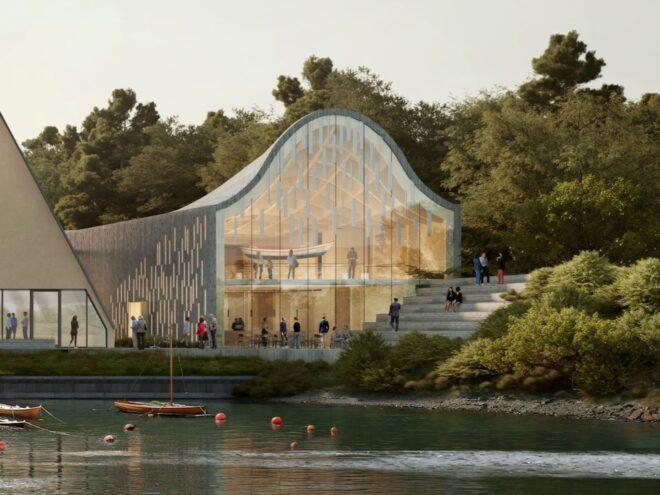 rendering of massive bell-shaped museum building with glass wall