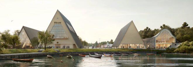 rendering of triangular wood buildings near lake