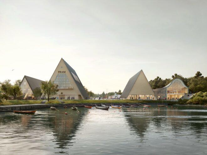 rendering of triangular wood buildings near lake