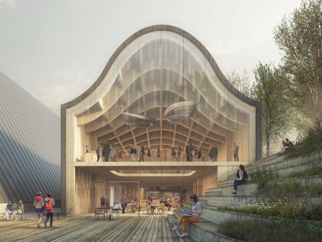 rendering of bell-shaped building with massive glass wall