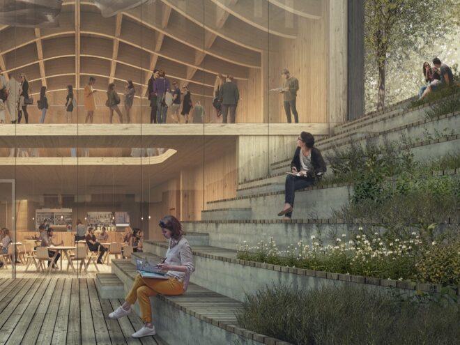 rendering of people resting on stepped seating