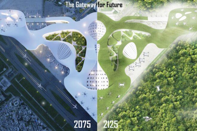 rendering displaying airport in 2075 with some greenery and airport in 2125 covered in greenery