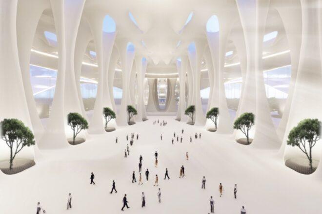 rendering of airport interior with curving white walls, skylights, and trees growing inside