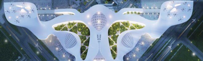 aerial rendering of gardens in an airport