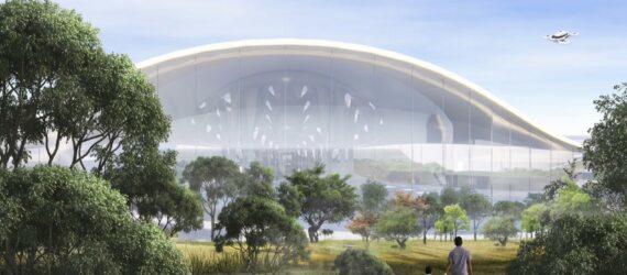 rendering of flying cars above an airport