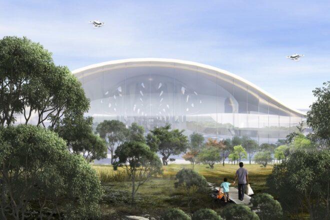 rendering of flying cars above an airport