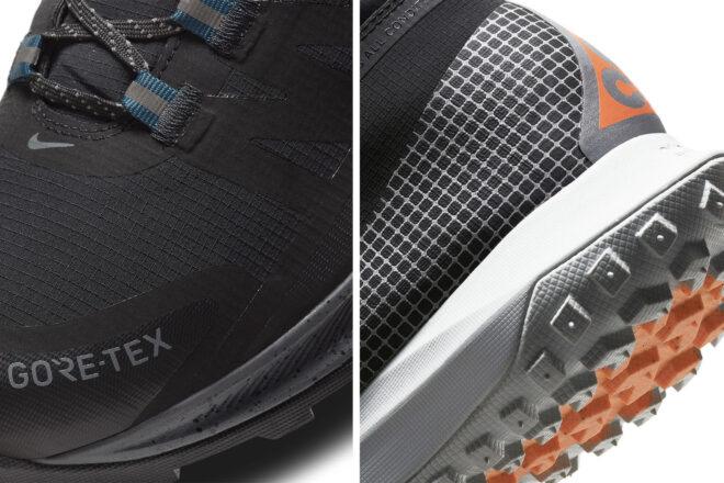 Two images: on the left, a detail close-up of the tip of a pair of black shoes. On the right, a detail close-up of the heel of a pair of black and white shoes.