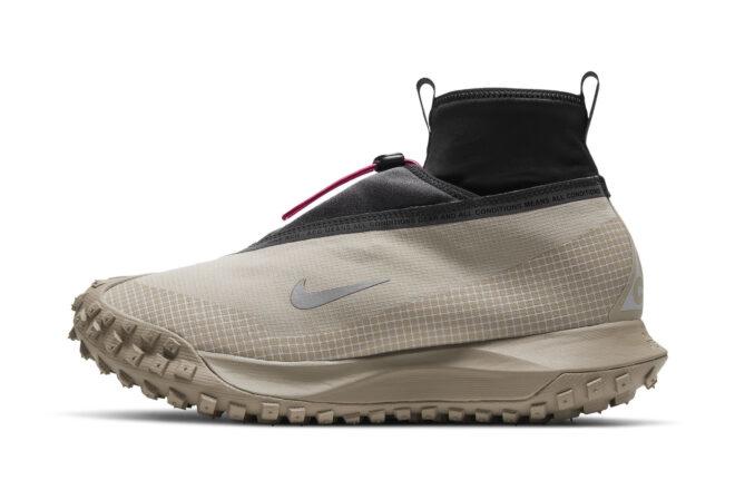 An off-white and black pair of Nike ACG Air Mountain Fly Gore-Tex shoes.