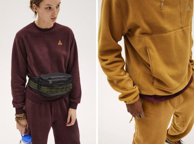 Two photos: to the left, a person wearing a burgundy colored Nike sportswear outfit. To the right, a person wearing a marigold colored Nike sportswear outfit.