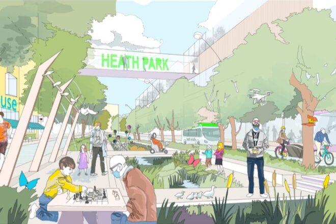 A rendering of a park area with people lounging around and a bridge overhead reading "Heath Park."
