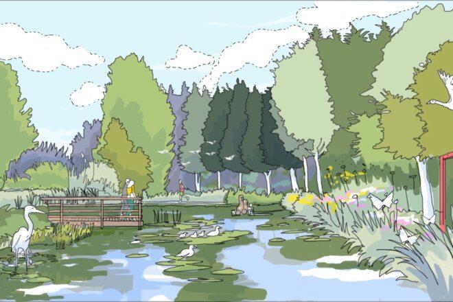 A rendering of a park area with a lake surrounded by trees.