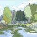 A rendering of a park area with a lake surrounded by trees.