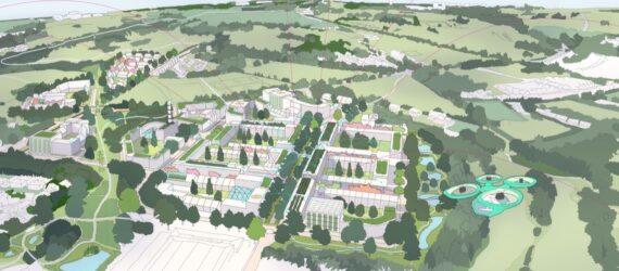 A bird's-eye view rendering of a park area full of trees.