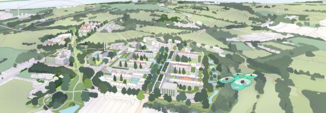 A bird's-eye view rendering of a park area full of trees.