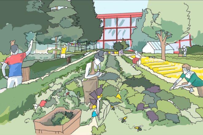 A rendering of a park area with people working in a garden.